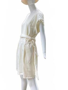 Minimalist Cream Shift Dress Wrap Around Tie Waist Neutral Chic XL Zapelle